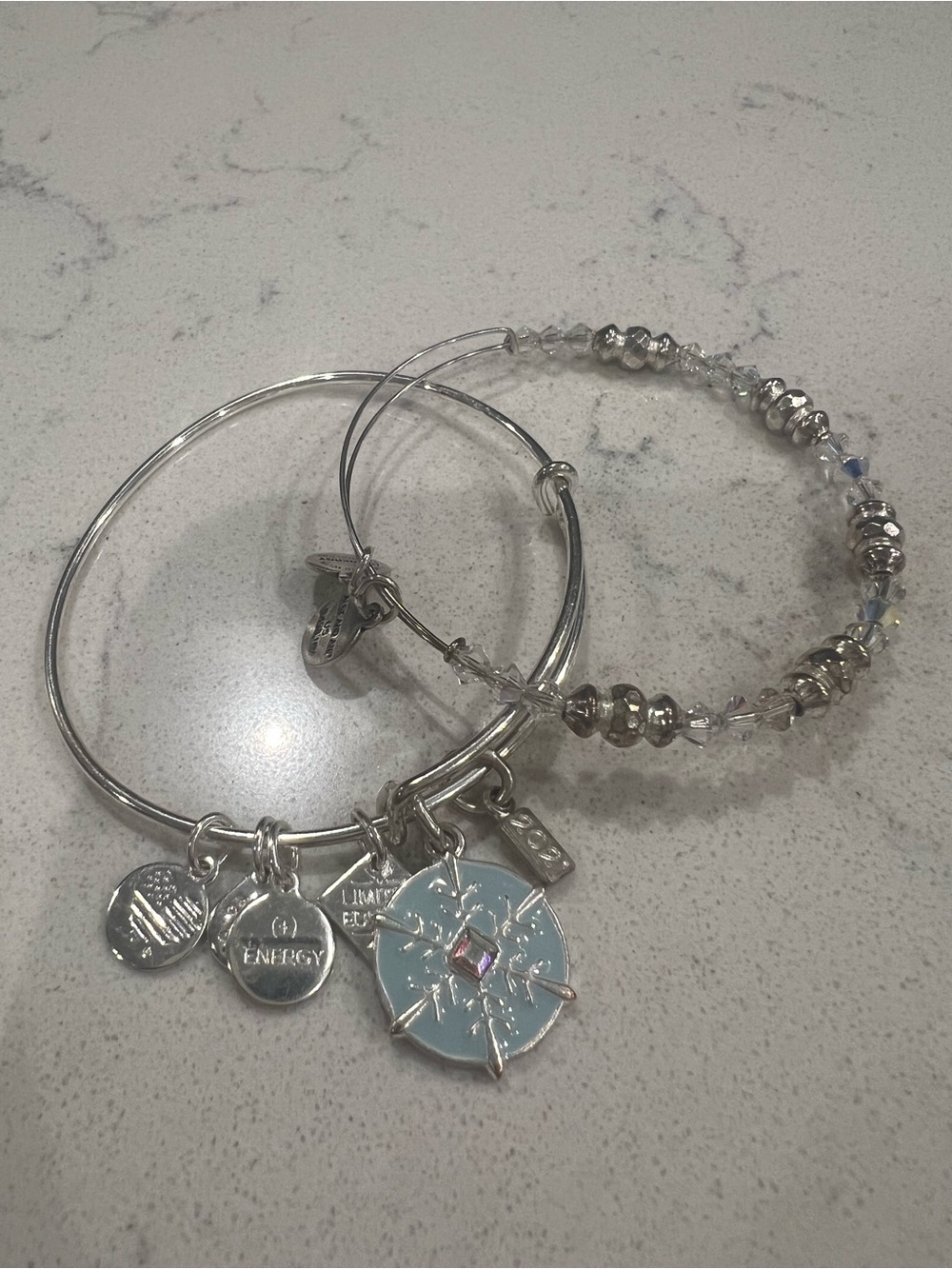 Alex and Ani Silver Charm Bangle Bracelet Set with Light Blue Snowflake Charm